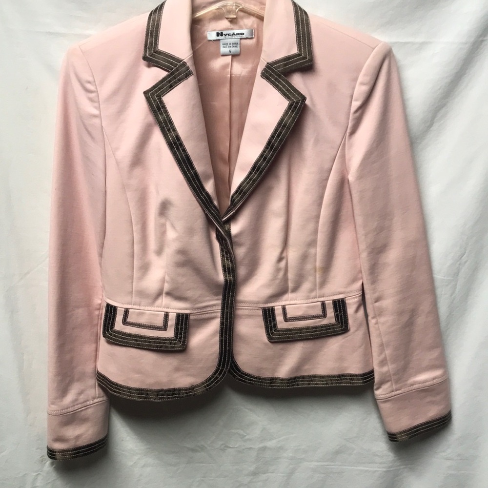 Nygard Collection Light Pink Women’s Blazer with Dark Brown Ribbon Trim -Size 6